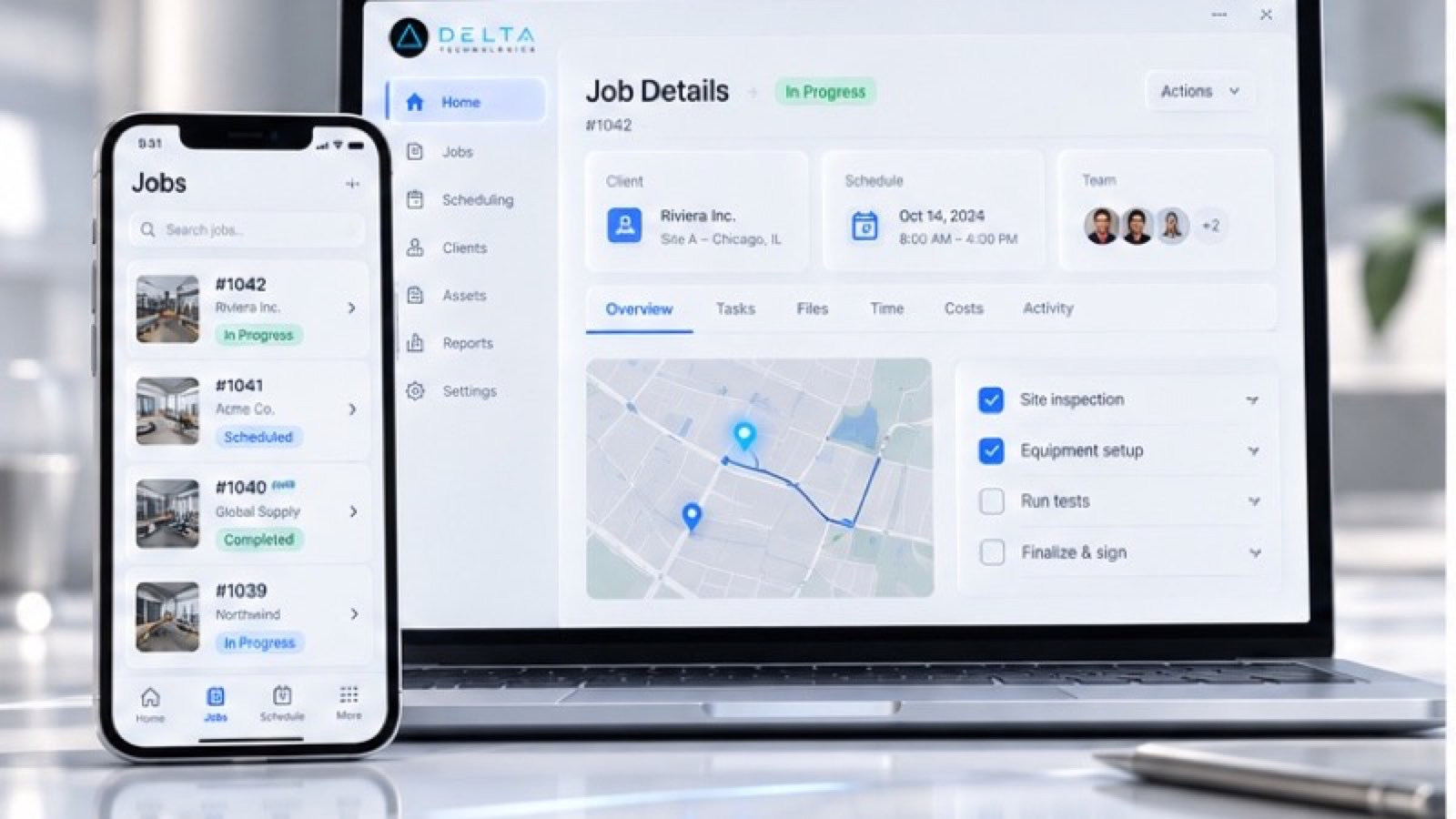 Job details app on a phone and laptop showing a scheduled service job and route map