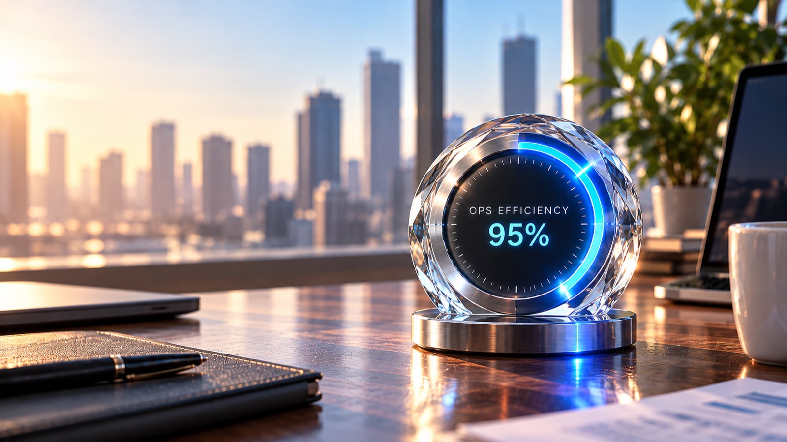 Efficiency gauge dial in a sunlit office