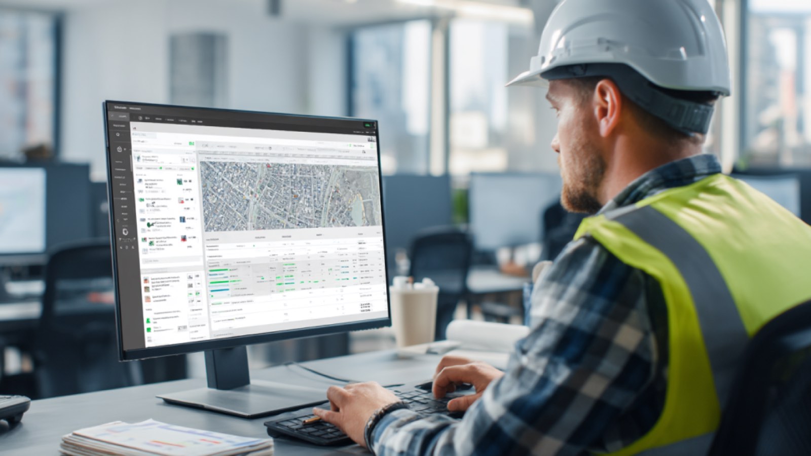 Dispatcher in a hard hat reviewing a job map on a monitor