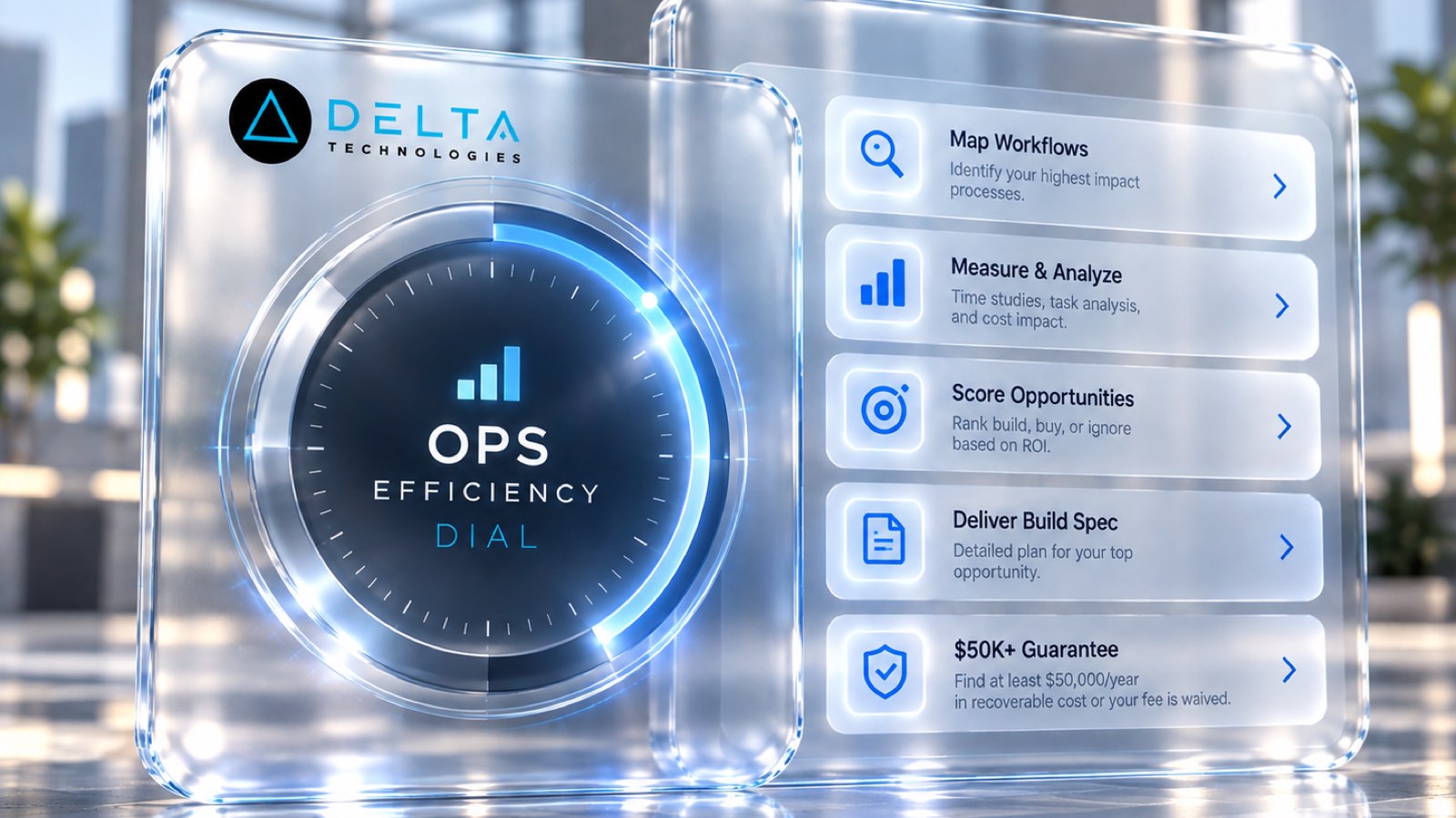 Frosted-glass dashboard showing a business’s key performance metrics